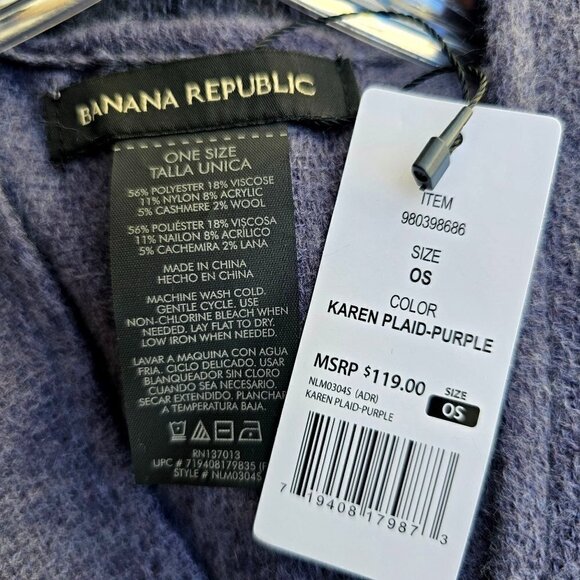 Banana Republic Cashmere Knit Karen Purple Plaid Poncho Wrap Poly Womens OS NWT - Picture 2 of 8
